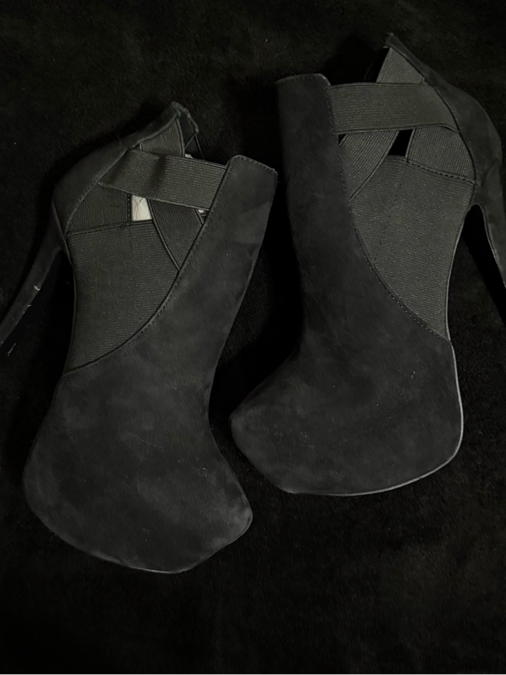 Steve Madden Black Suede-Look High Heel Ankle Booties with Crisscross Elastic